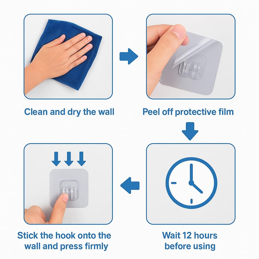 Transparent Self Adhesive Wall Hooks (Pack of 10) | Heavy Duty Waterproof Sticky Hooks, Strong No Drill Clear Wall Hooks for Bathroom, Kitchen, Door, Bedroom, Office & Home Organization - Image 4