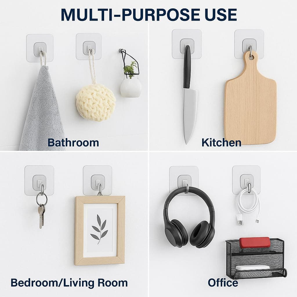 Transparent Self Adhesive Wall Hooks (Pack of 10) | Heavy Duty Waterproof Sticky Hooks, Strong No Drill Clear Wall Hooks for Bathroom, Kitchen, Door, Bedroom, Office & Home Organization - Image 6