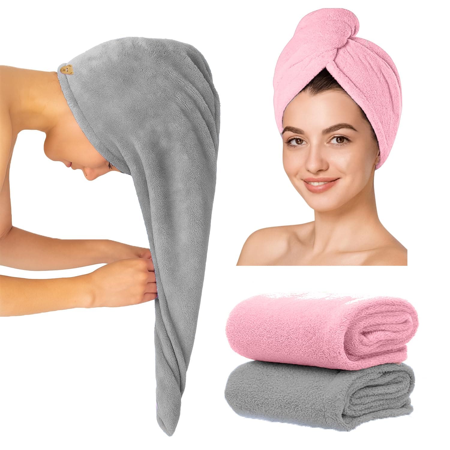 Microfiber Hair Towel Wrap for Women | Quick Dry Super Absorbent Hair Drying Turban with Elastic Loop, Soft Lightweight Anti-Frizz Head Towel for Long, Curly & Thick Hair, Fast Dry Hair Wrap (Pack of 1, Assorted) - Image 1