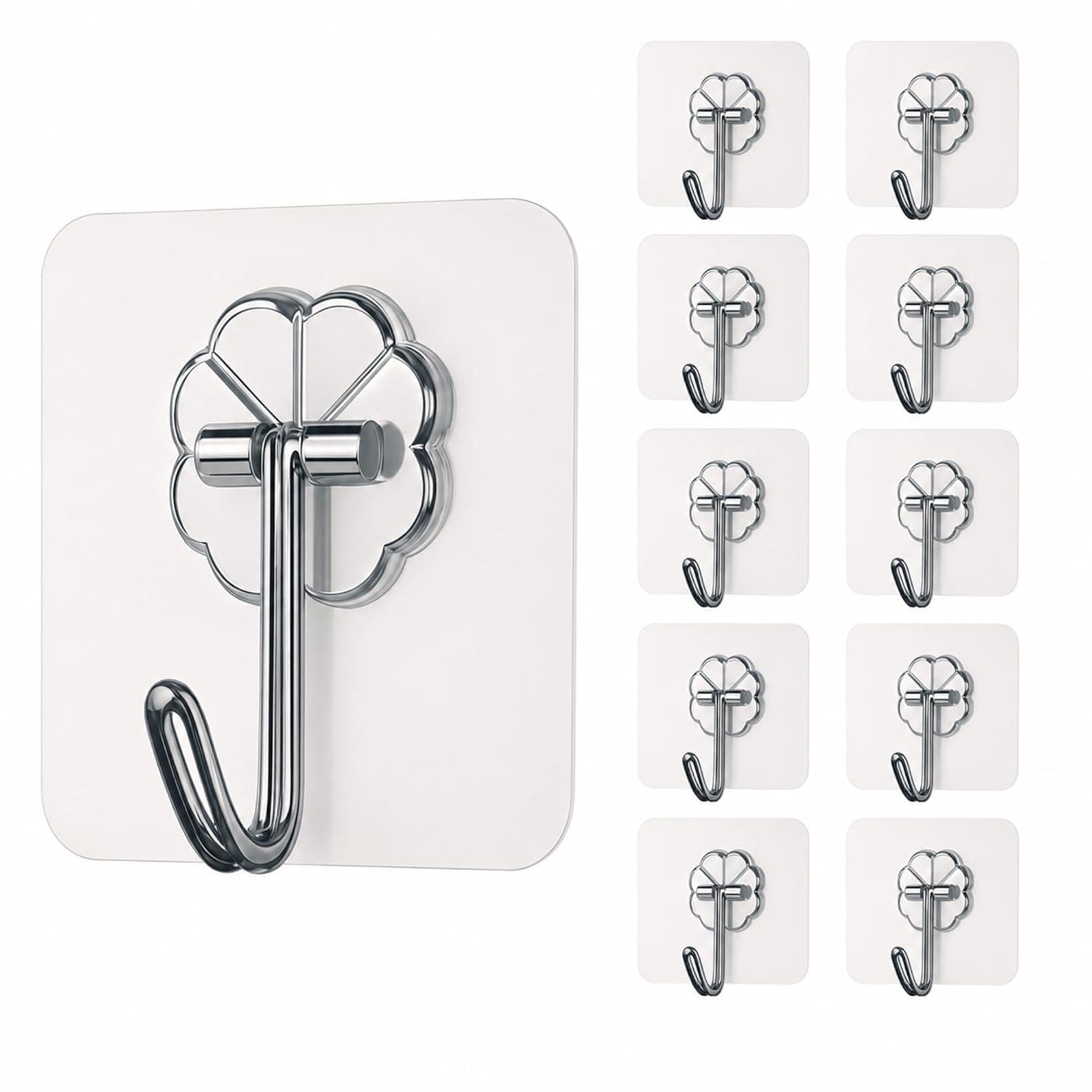 Self Adhesive Wall Hooks Heavy Duty Transparent Sticky Hooks for Wall, Waterproof Nail-Free Hooks for Hanging, Strong Adhesive Wall Hangers for Kitchen, Bathroom, Bedroom & Office (Flower Design, Pack of 10) - Image 1