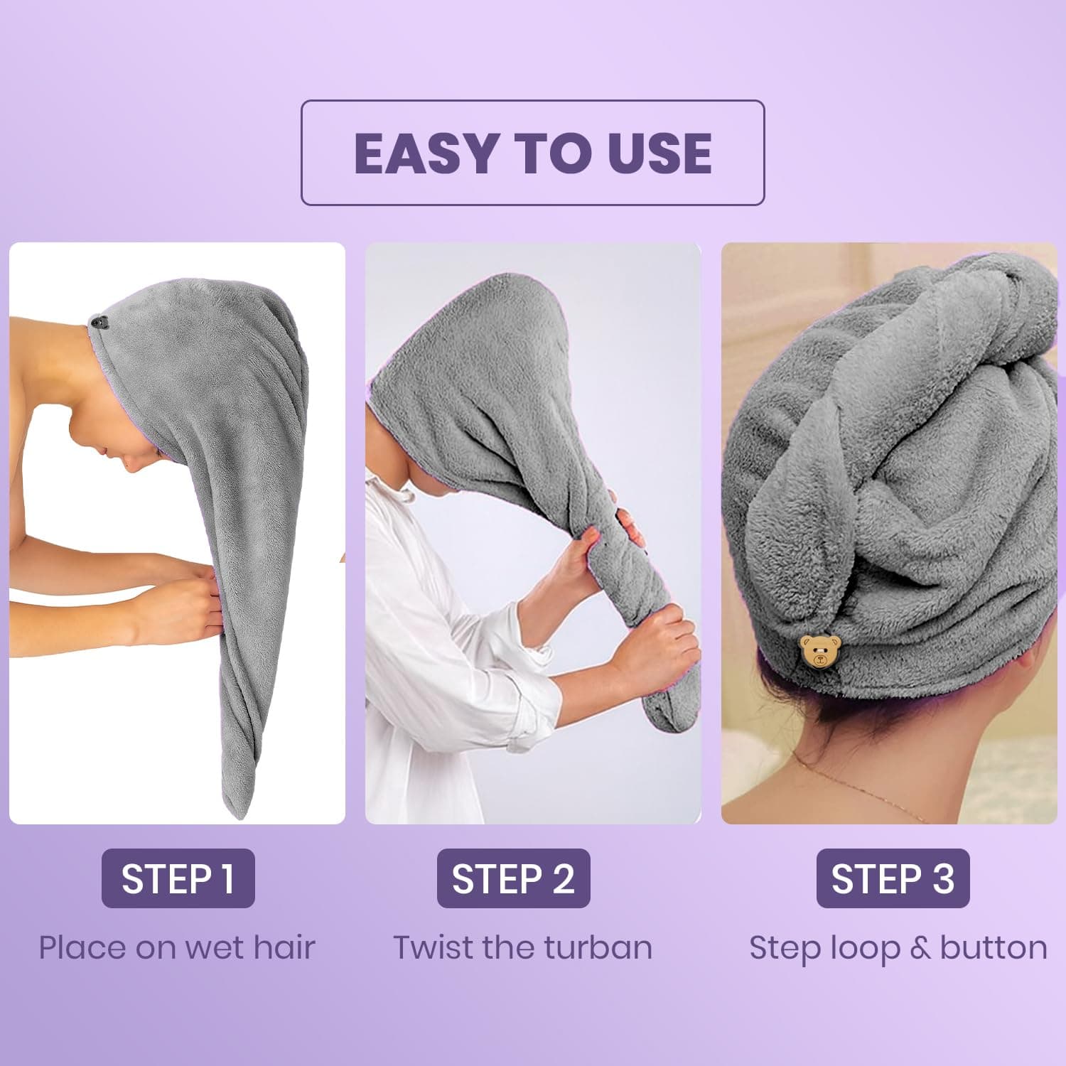 Microfiber Hair Towel Wrap for Women | Quick Dry Super Absorbent Hair Drying Turban with Elastic Loop, Soft Lightweight Anti-Frizz Head Towel for Long, Curly & Thick Hair, Fast Dry Hair Wrap (Pack of 1, Assorted) - Image 3