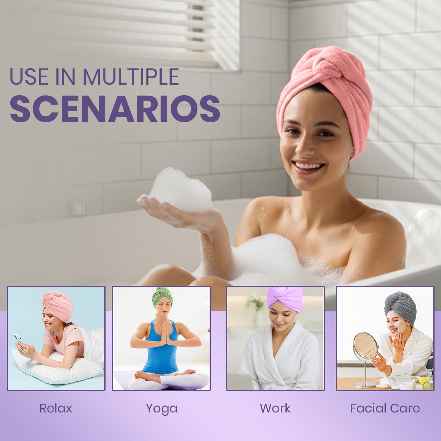 Microfiber Hair Towel Wrap for Women | Quick Dry Super Absorbent Hair Drying Turban with Elastic Loop, Soft Lightweight Anti-Frizz Head Towel for Long, Curly & Thick Hair, Fast Dry Hair Wrap (Pack of 1, Assorted) - Image 6