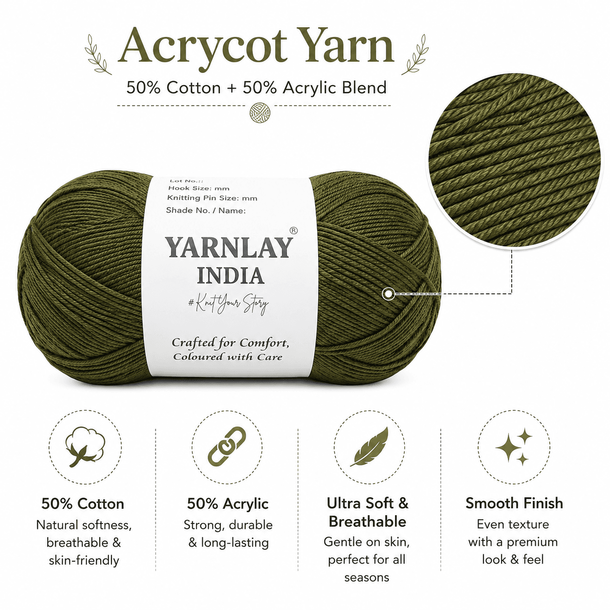 Yarnlay Acrycot Yarn | Acrylic Cotton Blend DK/Light Worsted Weight, 100g (250m) | Soft, Durable Yarn for Knitting, Crochet, Garments, Toys & Amigurumi - Image 2