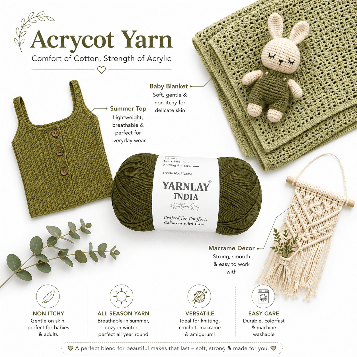 Yarnlay Acrycot Yarn | Acrylic Cotton Blend DK/Light Worsted Weight, 100g (250m) | Soft, Durable Yarn for Knitting, Crochet, Garments, Toys & Amigurumi - Image 3