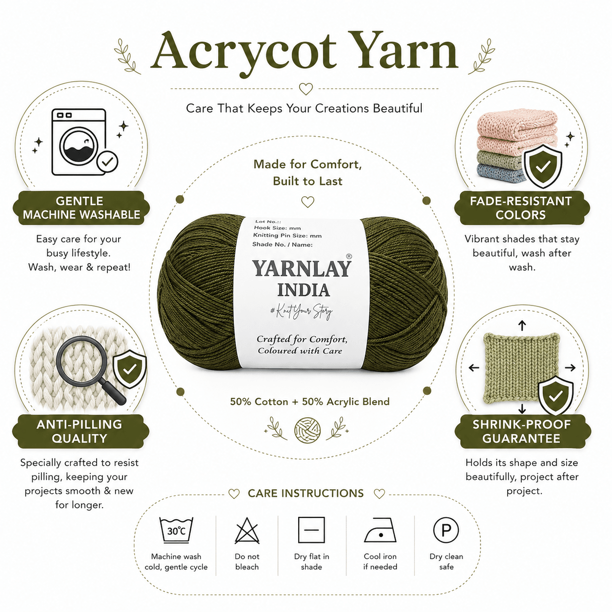 Yarnlay Acrycot Yarn | Acrylic Cotton Blend DK/Light Worsted Weight, 100g (250m) | Soft, Durable Yarn for Knitting, Crochet, Garments, Toys & Amigurumi - Image 4