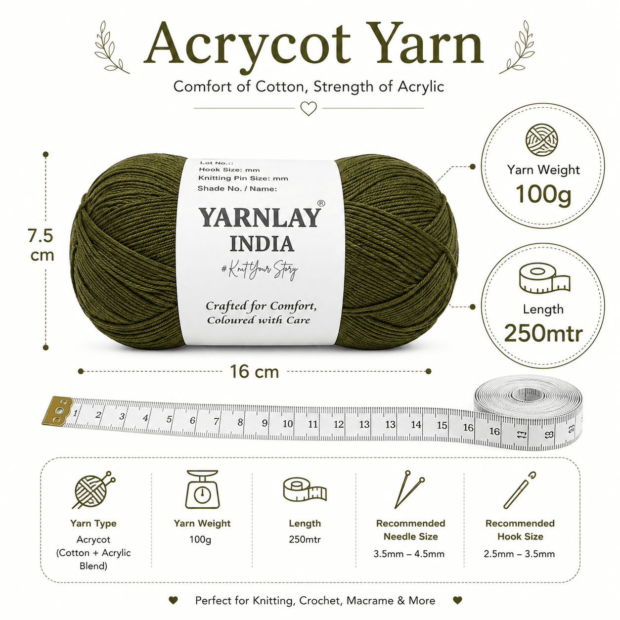 Yarnlay Acrycot Yarn | Acrylic Cotton Blend DK/Light Worsted Weight, 100g (250m) | Soft, Durable Yarn for Knitting, Crochet, Garments, Toys & Amigurumi - Image 5