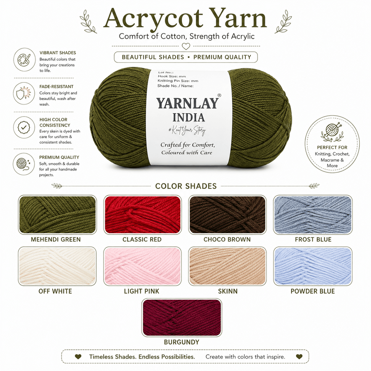 Yarnlay Acrycot Yarn | Acrylic Cotton Blend DK/Light Worsted Weight, 100g (250m) | Soft, Durable Yarn for Knitting, Crochet, Garments, Toys & Amigurumi - Image 6