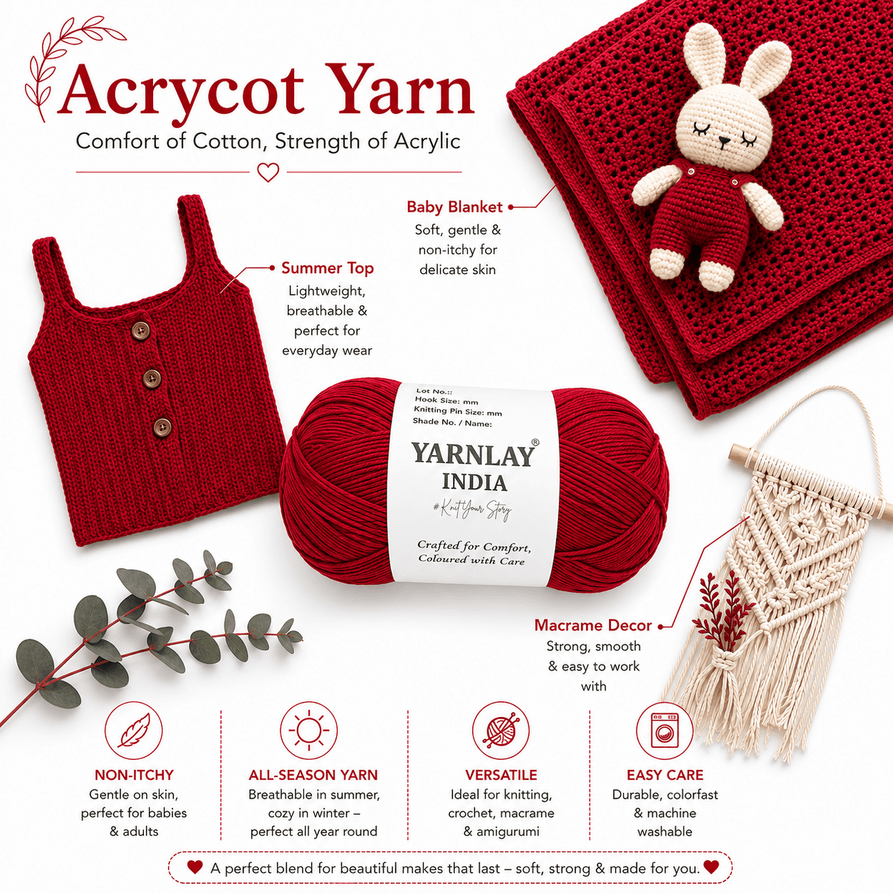 Yarnlay Acrycot Yarn | Acrylic Cotton Blend DK/Light Worsted Weight, 100g (250m) | Soft, Durable Yarn for Knitting, Crochet, Garments, Toys & Amigurumi - Image 8