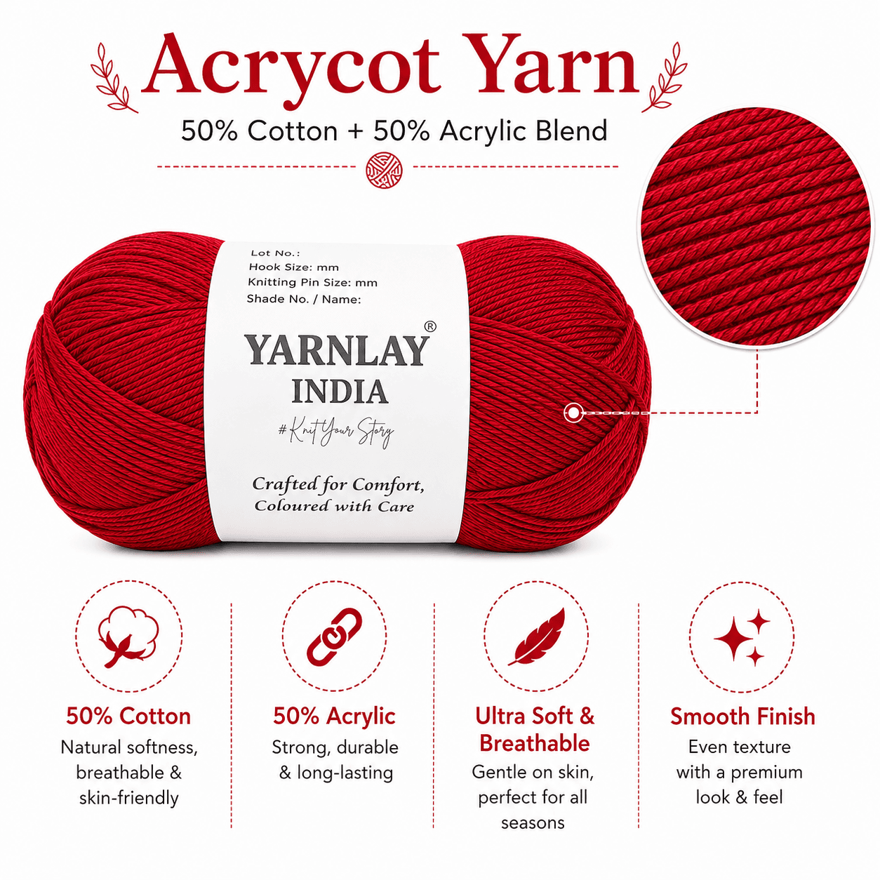 Yarnlay Acrycot Yarn | Acrylic Cotton Blend DK/Light Worsted Weight, 100g (250m) | Soft, Durable Yarn for Knitting, Crochet, Garments, Toys & Amigurumi - Image 9