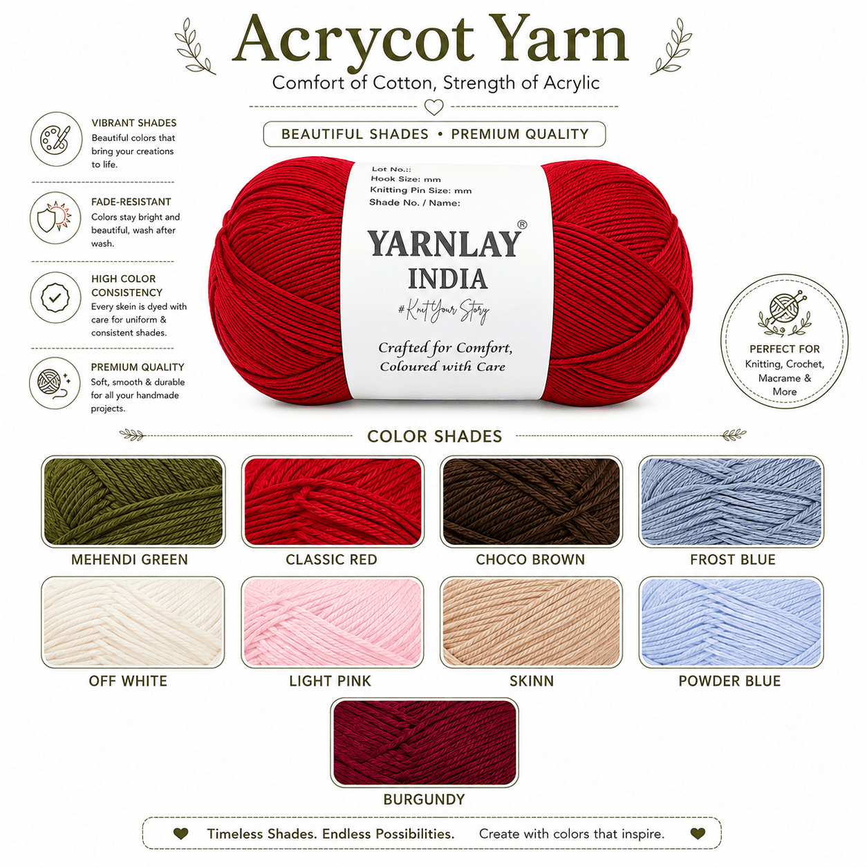 Yarnlay Acrycot Yarn | Acrylic Cotton Blend DK/Light Worsted Weight, 100g (250m) | Soft, Durable Yarn for Knitting, Crochet, Garments, Toys & Amigurumi - Image 12
