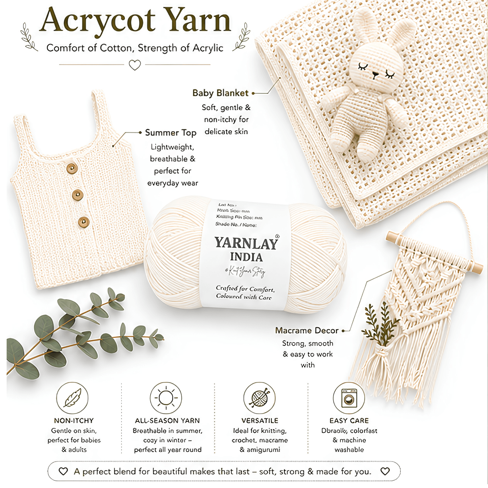 Yarnlay Acrycot Yarn | Acrylic Cotton Blend DK/Light Worsted Weight, 100g (250m) | Soft, Durable Yarn for Knitting, Crochet, Garments, Toys & Amigurumi - Image 14