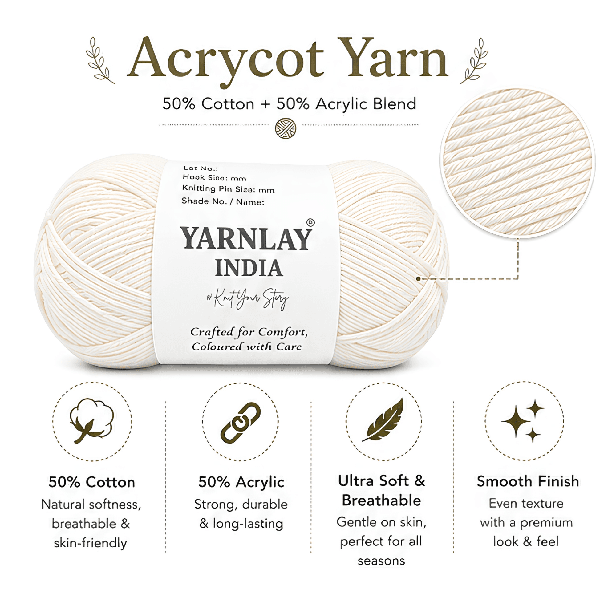 Yarnlay Acrycot Yarn | Acrylic Cotton Blend DK/Light Worsted Weight, 100g (250m) | Soft, Durable Yarn for Knitting, Crochet, Garments, Toys & Amigurumi - Image 15