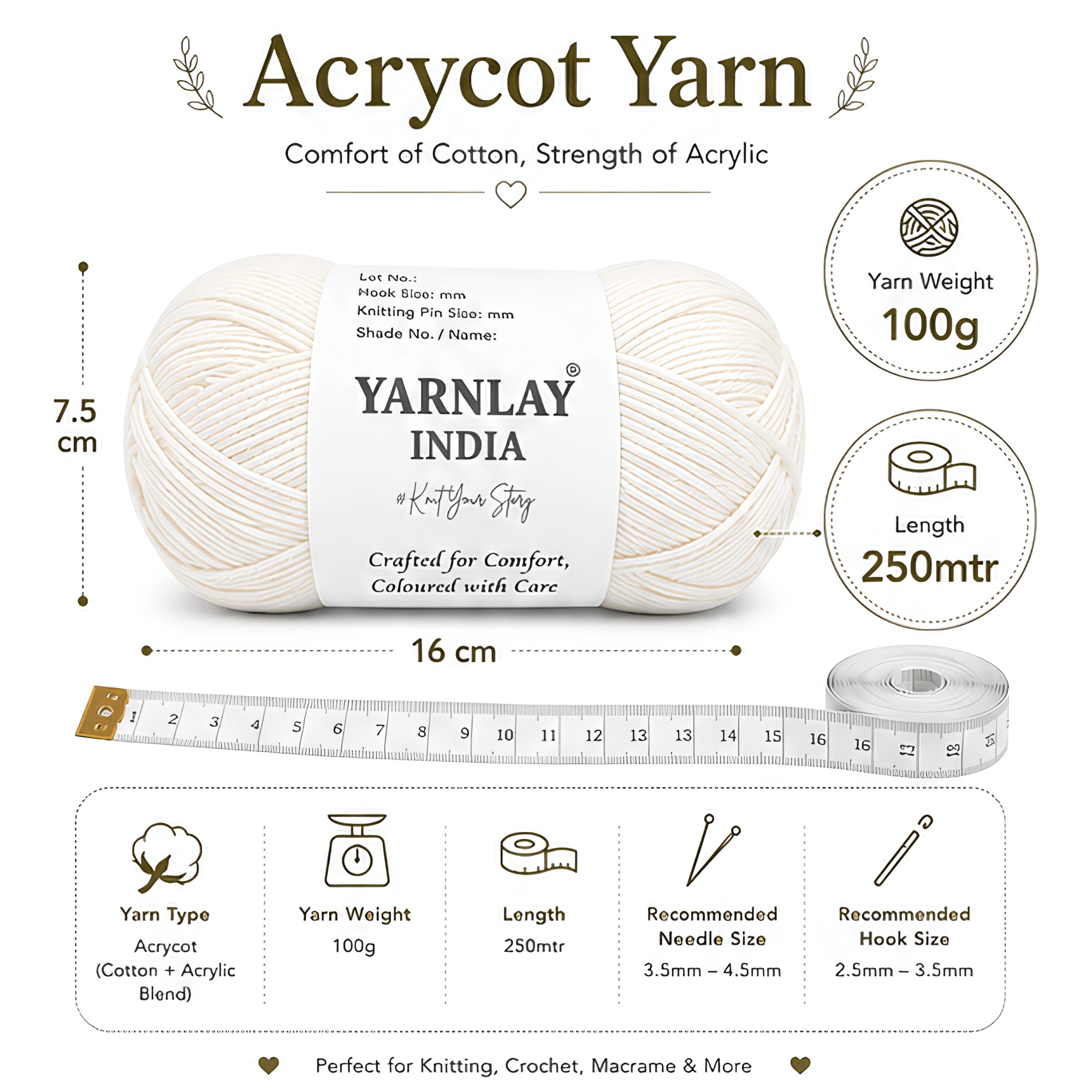 Yarnlay Acrycot Yarn | Acrylic Cotton Blend DK/Light Worsted Weight, 100g (250m) | Soft, Durable Yarn for Knitting, Crochet, Garments, Toys & Amigurumi - Image 17