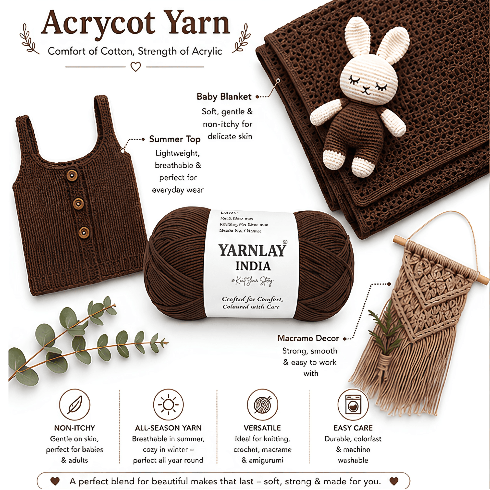 Yarnlay Acrycot Yarn | Acrylic Cotton Blend DK/Light Worsted Weight, 100g (250m) | Soft, Durable Yarn for Knitting, Crochet, Garments, Toys & Amigurumi - Image 19