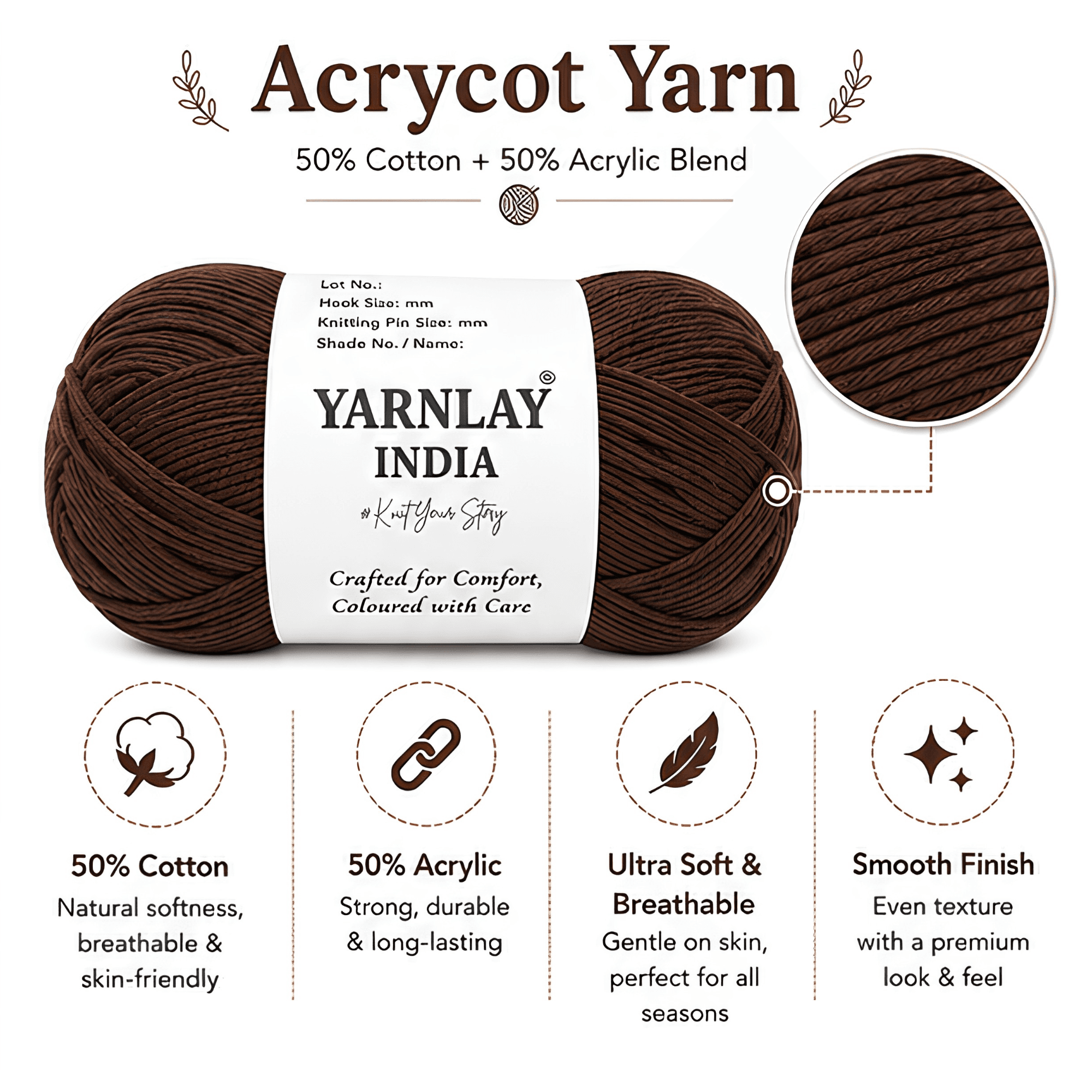 Yarnlay Acrycot Yarn | Acrylic Cotton Blend DK/Light Worsted Weight, 100g (250m) | Soft, Durable Yarn for Knitting, Crochet, Garments, Toys & Amigurumi - Image 22