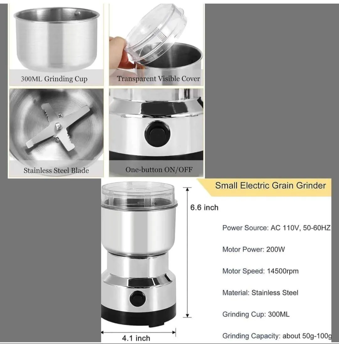 Electric Spice Grinder | Mini Stainless Steel Coffee & Masala Grinder | Multipurpose Dry Grinder for Coffee Beans, Spices, Herbs, Dry Fruits & Nuts | One-Touch Operation